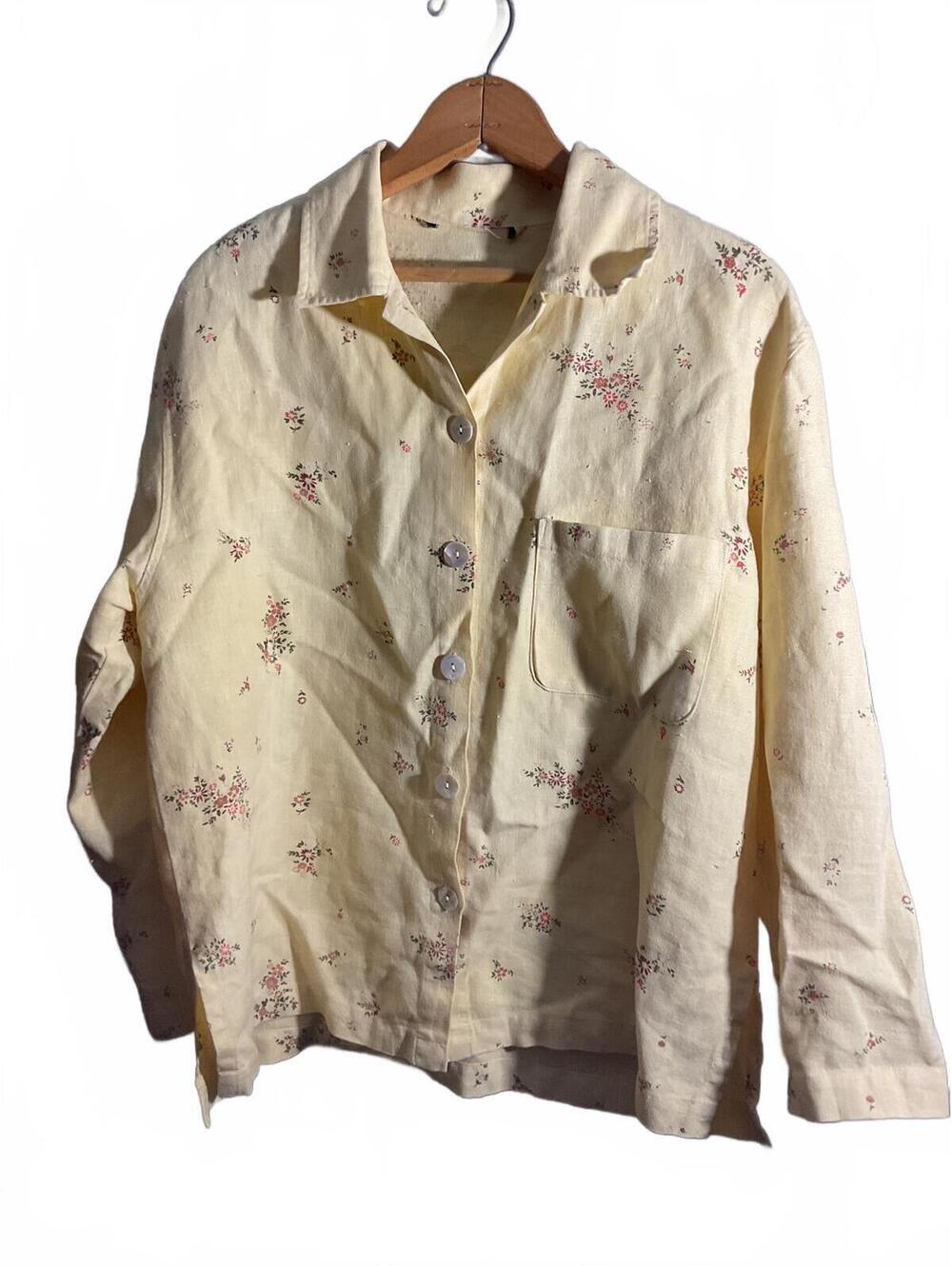 Vintage Butter Yellow Floral Irish Linen Shell Buttons Light Weight Jacket M/L